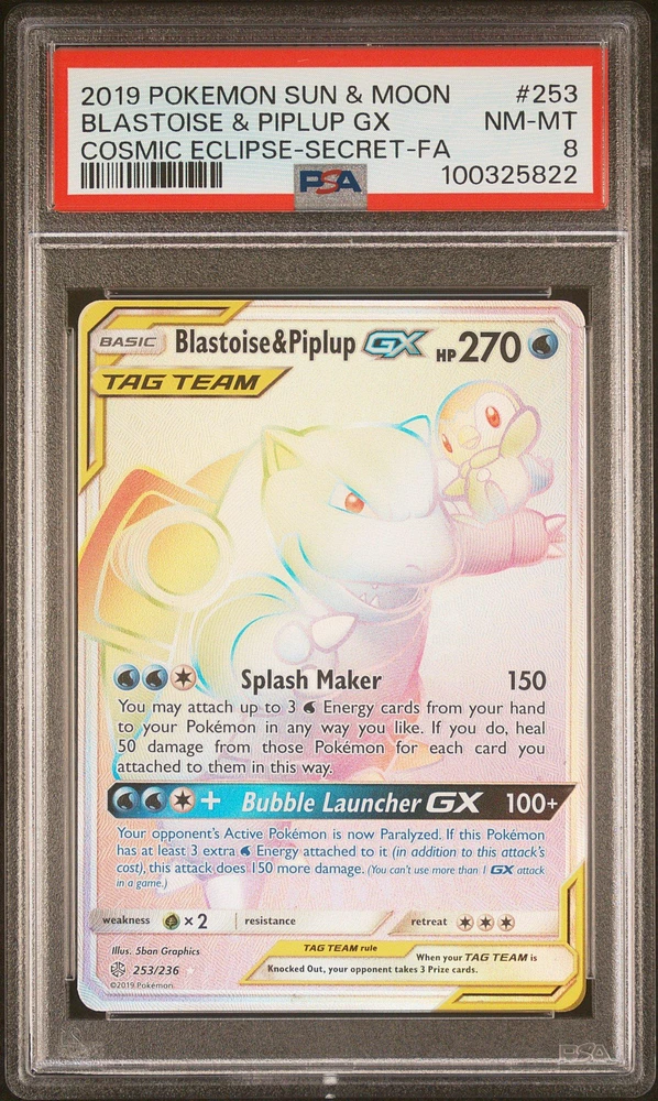 2019 Pokemon Sun & Moon Cosmic Eclipse 253 Full Art/blastoise & Piplup Gx Secret PSA