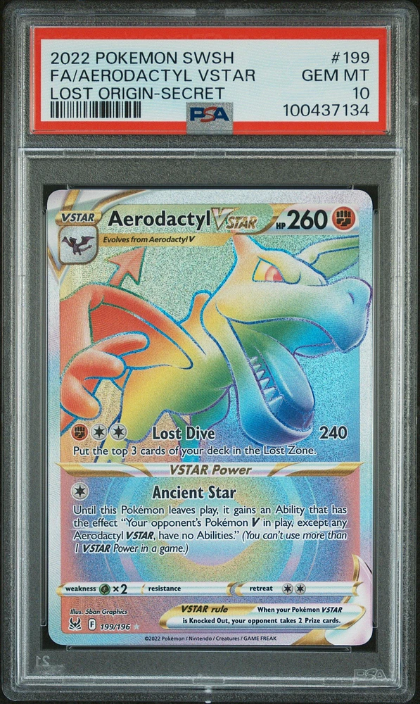 2022 Pokemon Sword & Shield Lost Origin 199 Full Art/aerodactyl Vstar Secret PSA