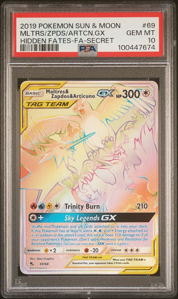 2019 Pokemon Sun & Moon Hidden Fates 69 Full Art/moltres & Zapdos & Articuno Gx Secret PSA