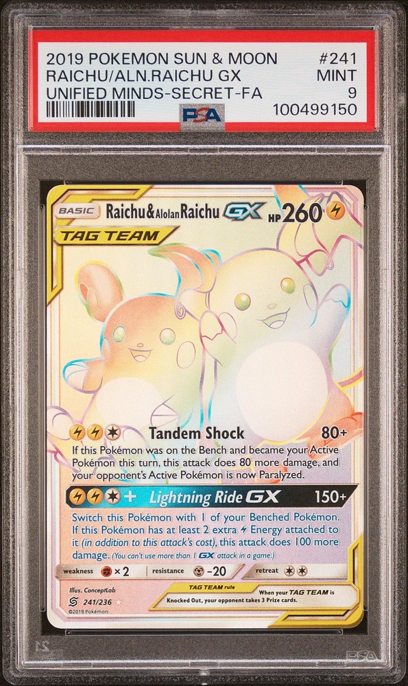 2019 Pokemon Sun & Moon Unified Minds 241 Full Art/raichu & Alolan Raichu Gx Secret PSA