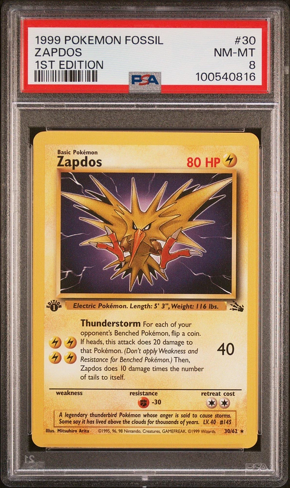 1999 Pokemon Fossil 30 Zapdos 1st Edition PSA