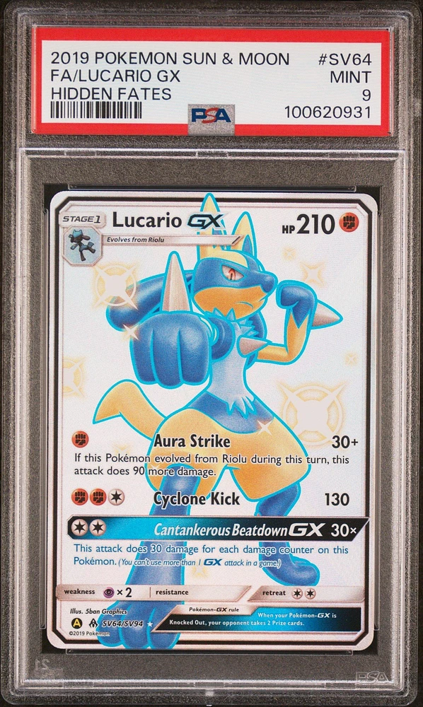 2019 Pokemon Sun & Moon Hidden Fates Sv64 Full Art/lucario Gx PSA