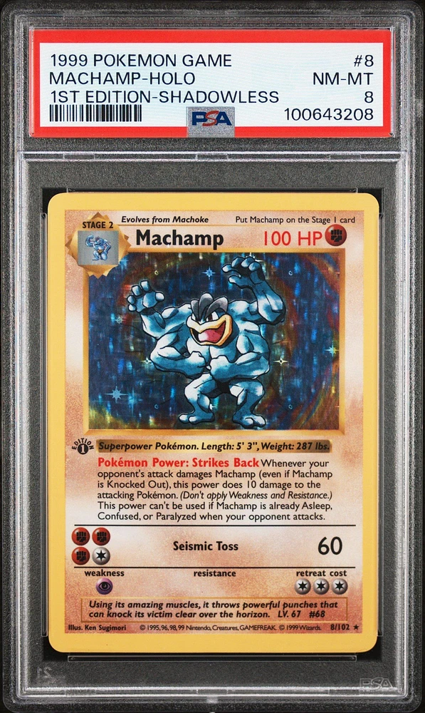 1999 Pokemon Game 8 Machamp-holo 1st Edition-shadowless PSA 8