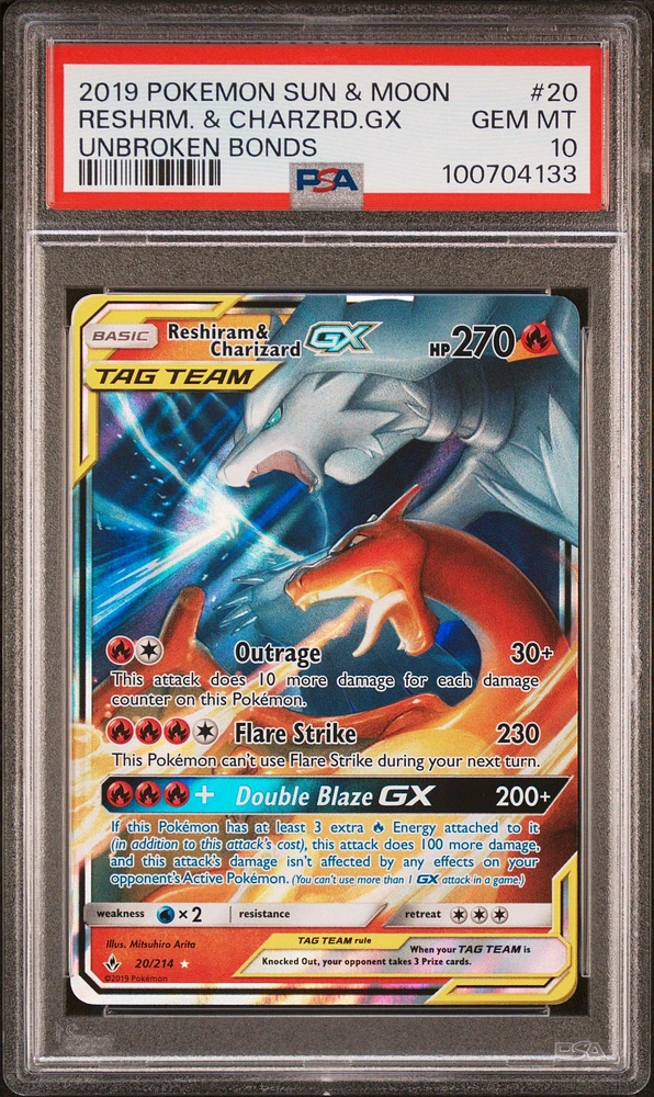 2019 Pokemon Sun & Moon Unbroken Bonds 20 Reshiram & Charizard Gx PSA
