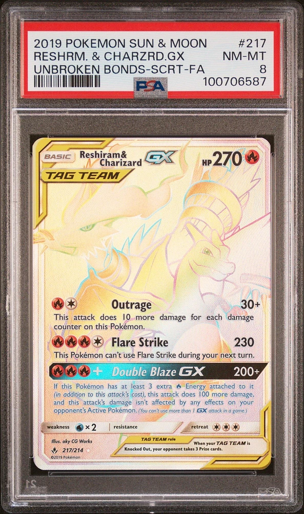2019 Pokemon Sun & Moon Unbroken Bonds 217 Full Art/reshiram & Charizard Gx Secret PSA