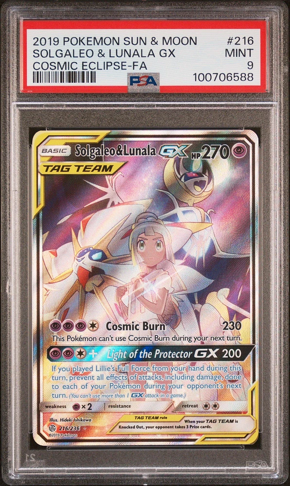 2019 Pokemon Sun & Moon Cosmic Eclipse 216 Full Art/solgaleo & Lunala Gx PSA
