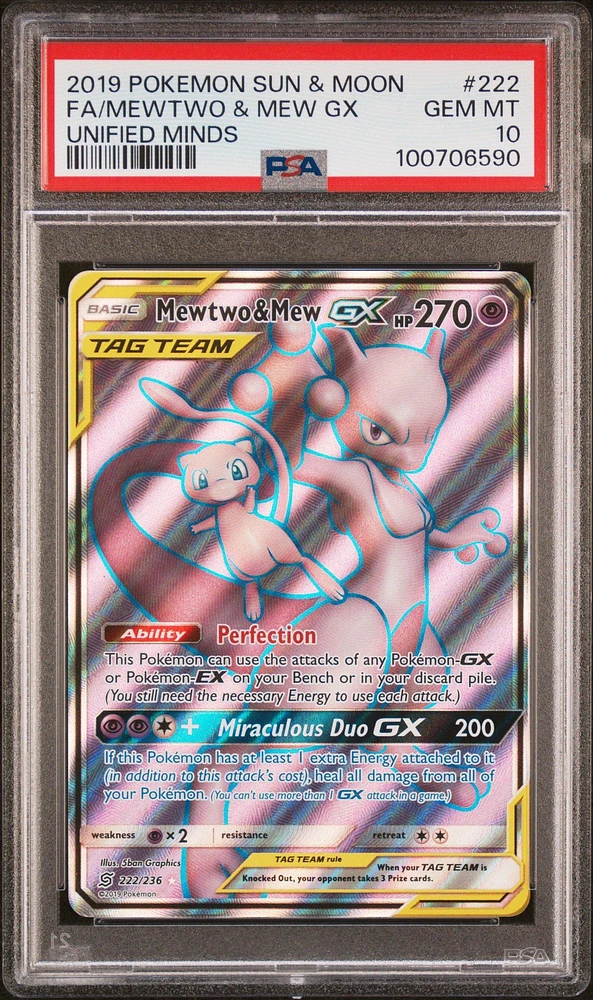 2019 Pokemon Sun & Moon Unified Minds 222 Full Art/mewtwo & Mew Gx PSA