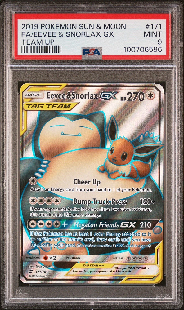 2019 Pokemon Sun & Moon Team Up 171 Full Art/eevee & Snorlax Gx PSA