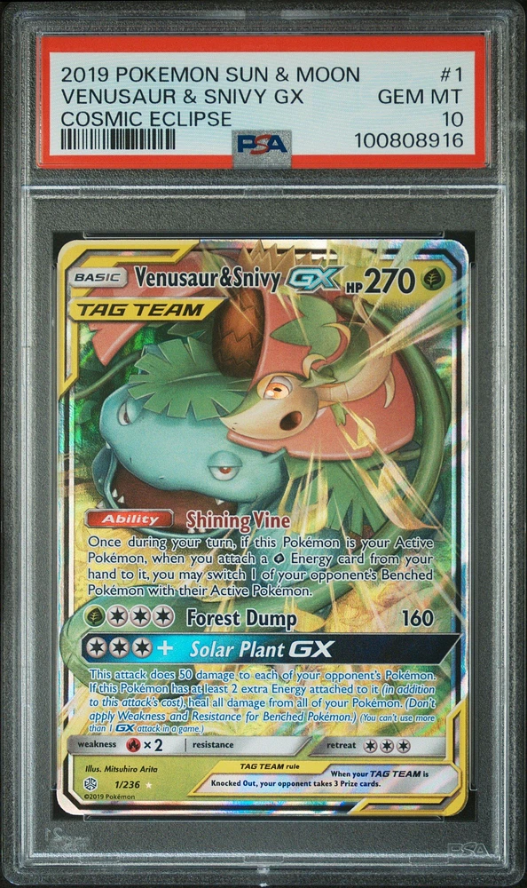 2019 Pokemon Sun & Moon Cosmic Eclipse Venusaur & Snivy Gx PSA