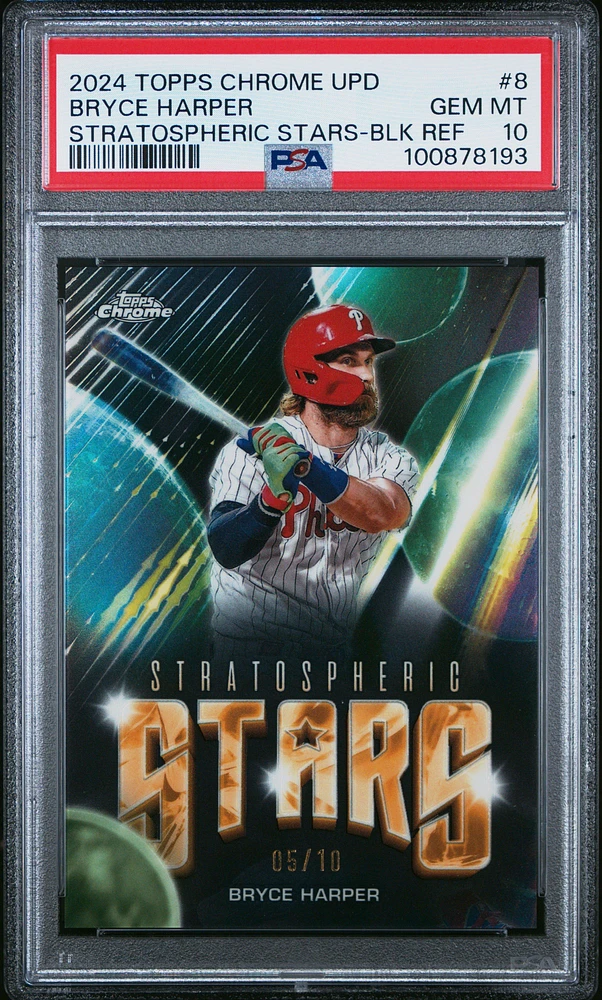 2024 Topps Chrome Update Stratospheric Stars 8 Bryce Harper Black Refractor PSA 10
