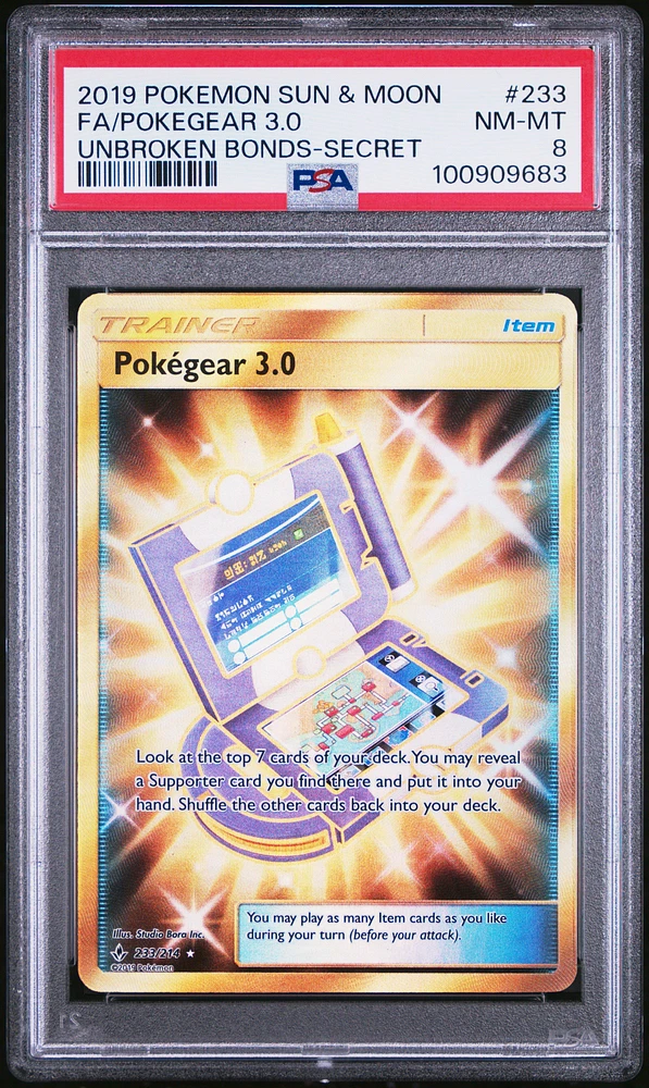 2019 Pokemon Sun & Moon Unbroken Bonds 233 Full Art/pokegear 3.0 Secret PSA 8