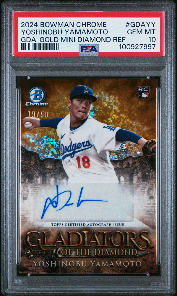 2024 Bowman Chrome Gladiators Of The Diamond Autographs Gdayy Yoshinobu Yamamoto Gold Mini Diamond Refractor PSA 10