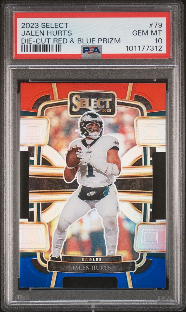 2023 Panini Select 79 Jalen Hurts Die-cut Red & Blue Prizm PSA 10