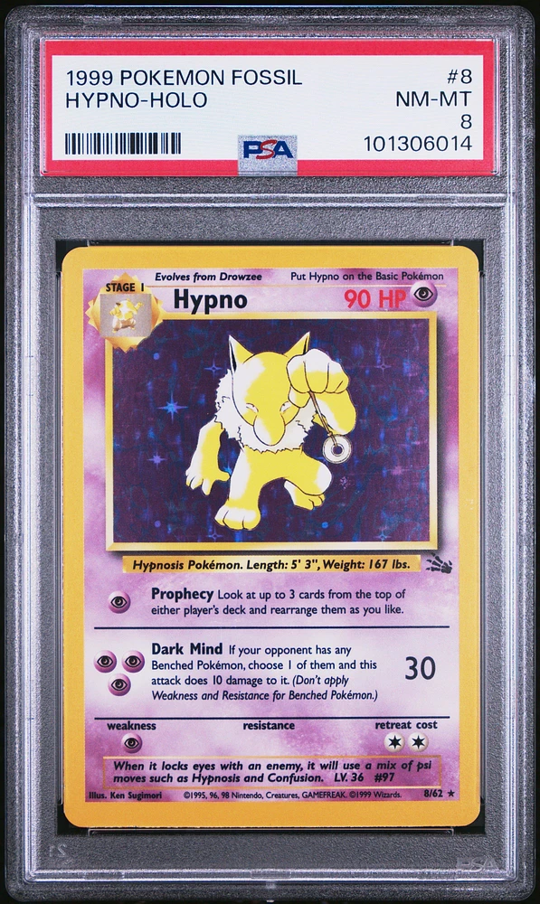 1999 Pokemon Fossil 8 Hypno-holo PSA 8