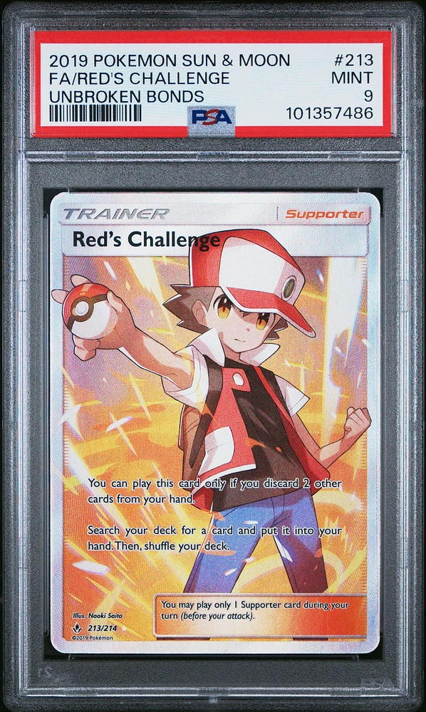2019 Pokemon Sun & Moon Unbroken Bonds 213 Full Art/red's Challenge PSA