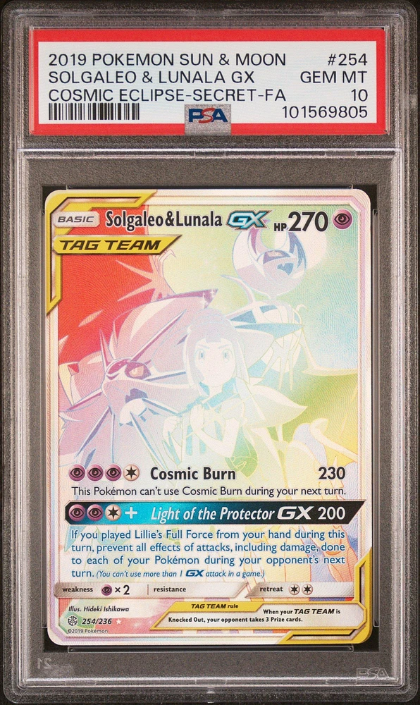 2019 Pokemon Sun & Moon Cosmic Eclipse 254 Full Art/solgaleo & Lunala Gx Secret PSA
