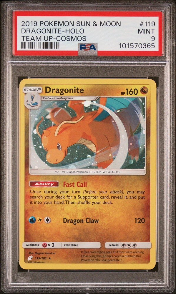 2019 Pokemon Sun & Moon Team Up 119 Dragonite-holo Cosmos PSA