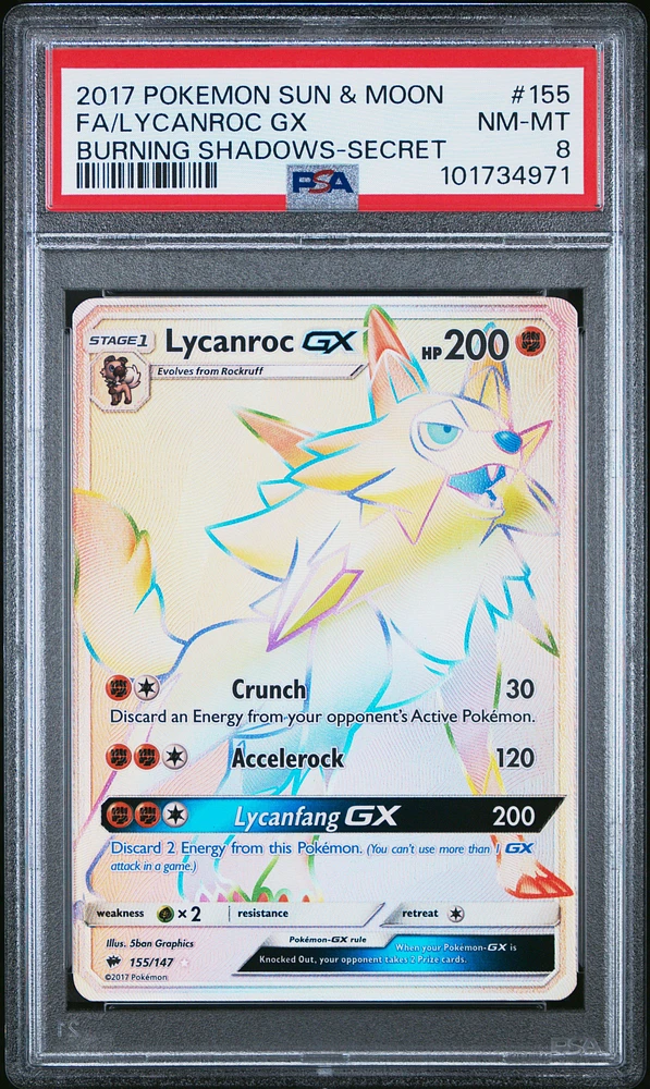 2017 Pokemon Sun & Moon Burning Shadows 155 Full Art/lycanroc Gx Secret PSA 8
