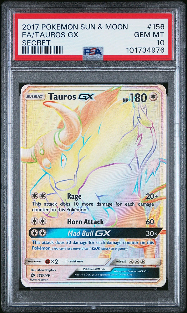 2017 Pokemon Sun & Moon 156 Full Art/tauros Gx Secret PSA