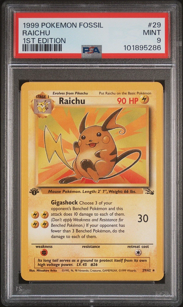 1999 Pokemon Fossil 29 Raichu 1st Edition PSA