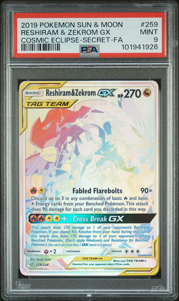 2019 Pokemon Sun & Moon Cosmic Eclipse 259 Full Art/reshiram & Zekrom Gx Secret PSA