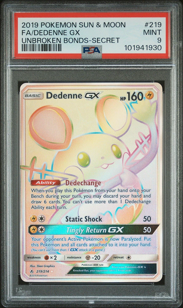 2019 Pokemon Sun & Moon Unbroken Bonds 219 Full Art/dedenne Gx Secret PSA
