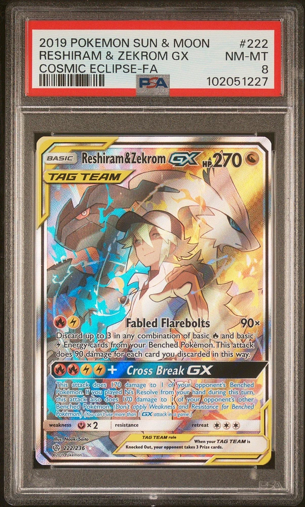 2019 Pokemon Sun & Moon Cosmic Eclipse 222 Full Art/reshiram & Zekrom Gx PSA