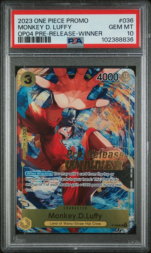 2023 One Piece Promos 036 Monkey D. Luffy Kingdoms Of Intrigue Pre-release-winner PSA 10