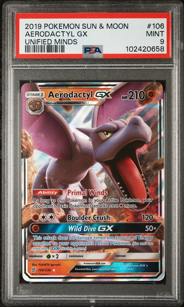 2019 Pokemon Sun & Moon Unified Minds 106 Aerodactyl Gx PSA