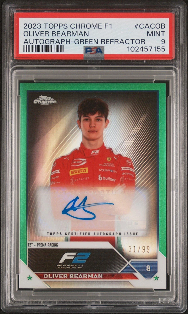 2023 Topps Chrome Formula 1 Chrome Autographs Cacob Oliver Bearman Green Refractor PSA 9