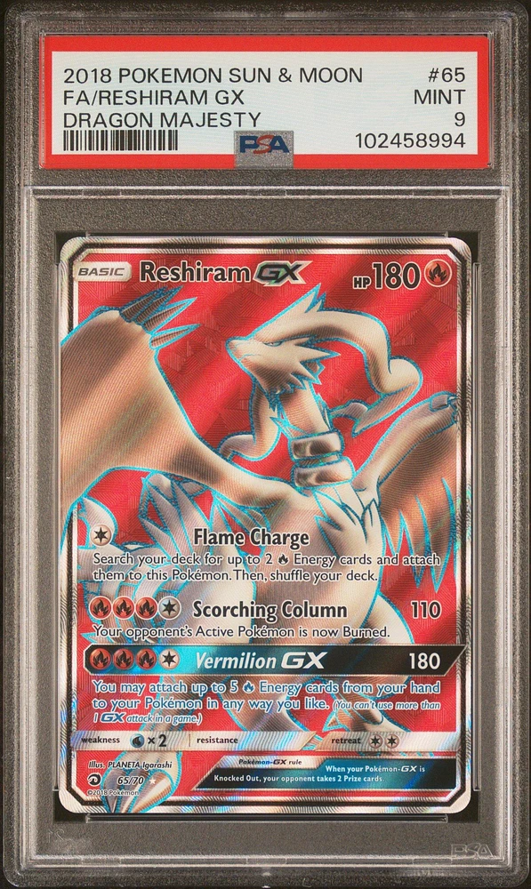2018 Pokemon Sun & Moon Dragon Majesty 65 Full Art/reshiram Gx PSA