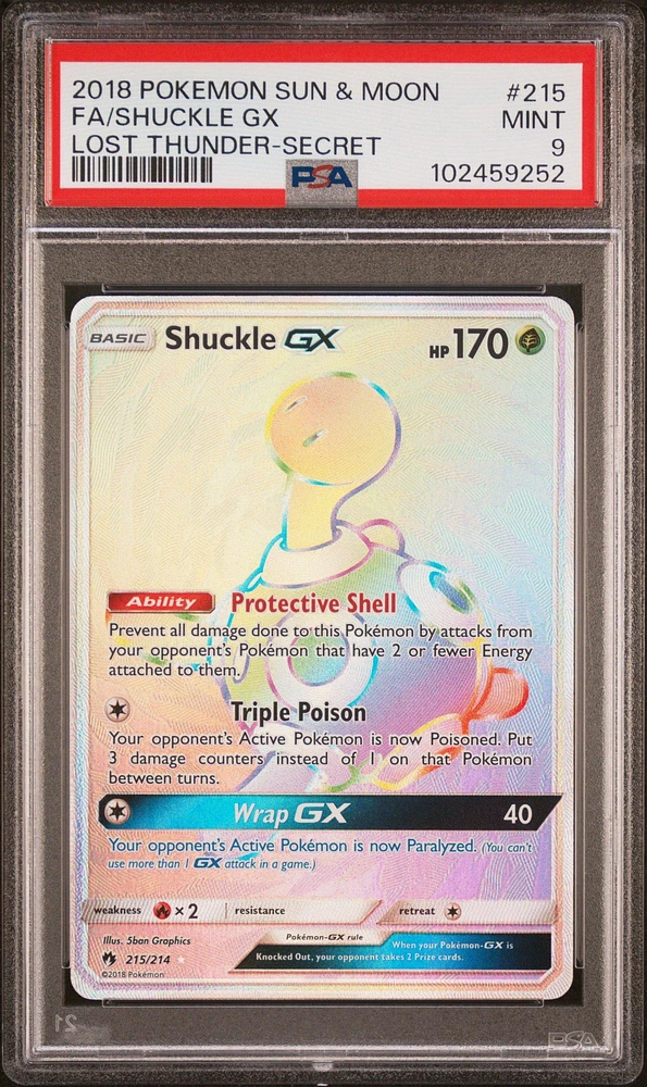 2018 Pokemon Sun & Moon Lost Thunder 215 Full Art/shuckle Gx Secret PSA 9