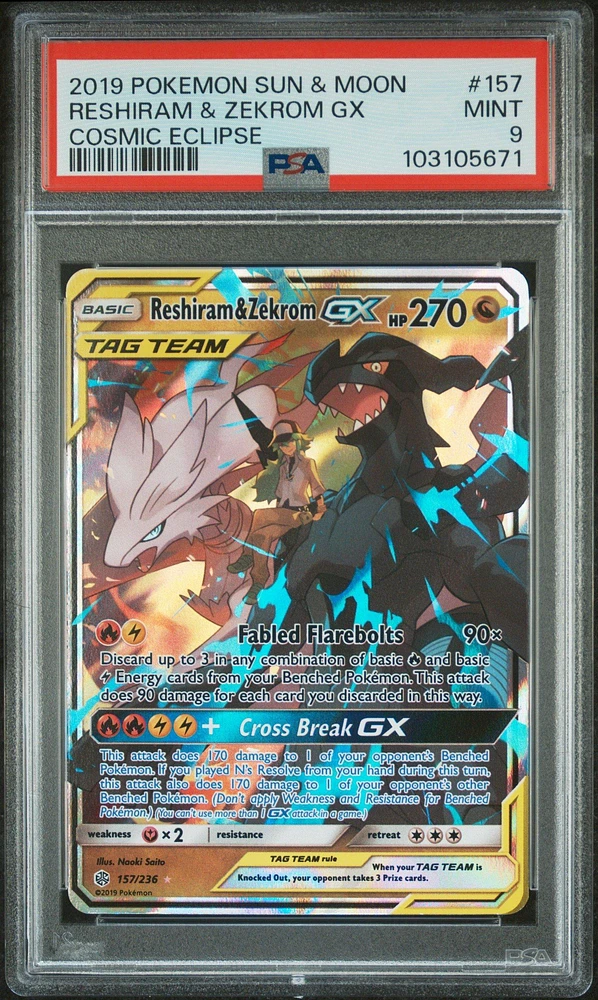 2019 Pokemon Sun & Moon Cosmic Eclipse Reshiram & Zekrom Gx PSA