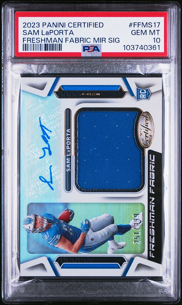2023 Panini Certified Freshman Fabric Mirror Signature Ffms17 Sam Laporta PSA 10