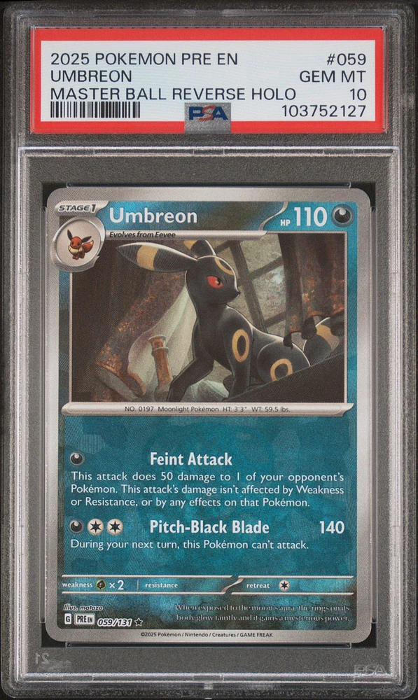 2025 Pokemon Pre En-prismatic Evolutions 059 Umbreon Master Ball Reverse Holo PSA