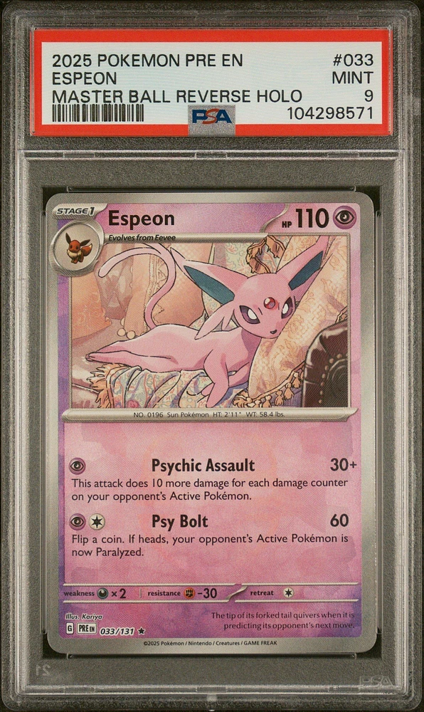 2025 Pokemon Pre En-prismatic Evolutions 033 Espeon Master Ball Reverse Holo PSA