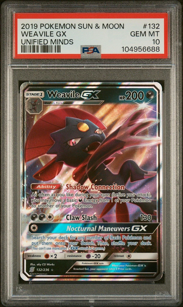 2019 Pokemon Sun & Moon Unified Minds 132 Weavile Gx PSA 10