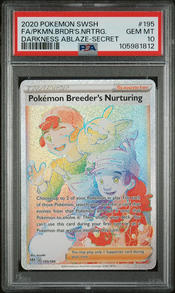 2020 Pokemon Sword & Shield Darkness Ablaze 195 Full Art/pokemon Breeder's Nurturing Secret PSA 10