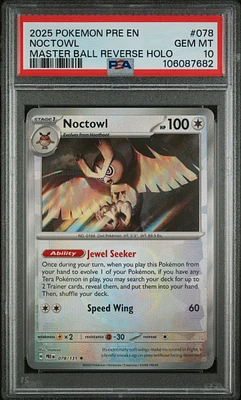 2025 Pokemon Pre En-prismatic Evolutions 078 Noctowl Master Ball Reverse Holo PSA 10