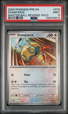 2025 Pokemon Pre En-prismatic Evolutions 079 Dunsparce Master Ball Reverse Holo PSA 9