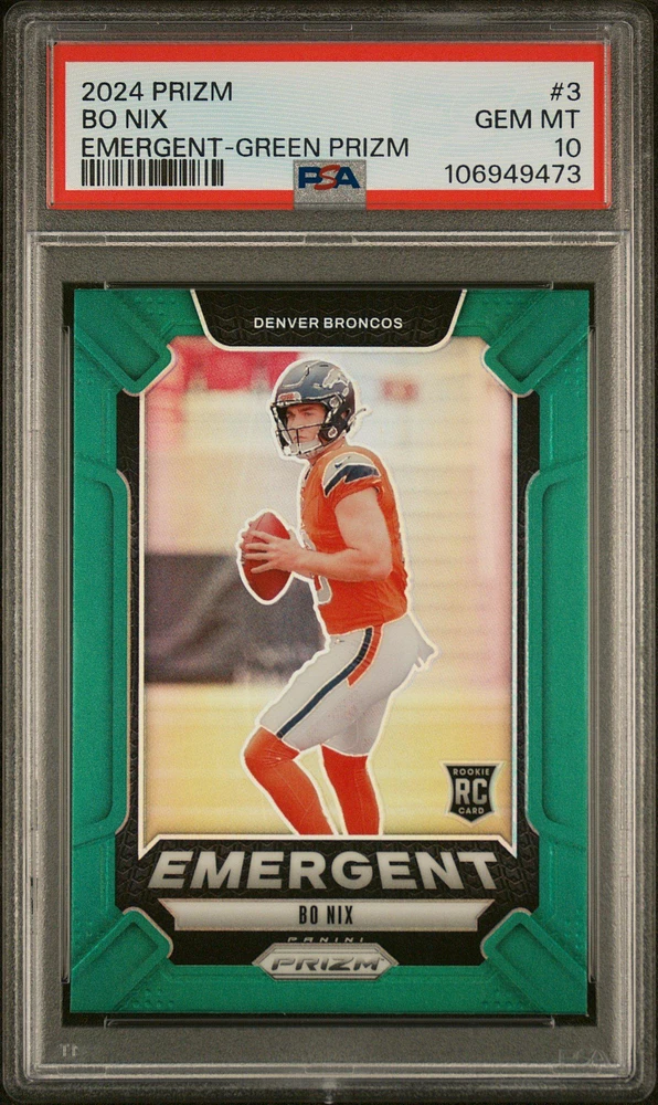 2024 Panini Prizm Emergent 3 Bo Nix Green Prizm PSA 10