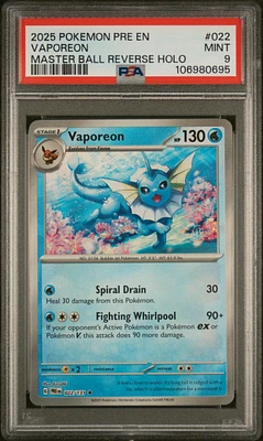 2025 Pokemon Pre En-prismatic Evolutions 022 Vaporeon Master Ball Reverse Holo PSA