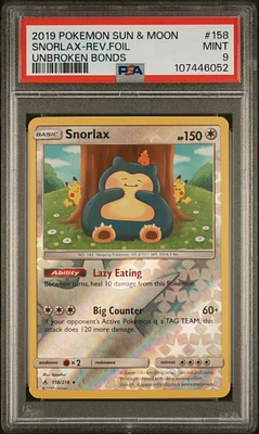 2019 Pokemon Sun & Moon Unbroken Bonds 158 Snorlax-reverse Foil PSA 9