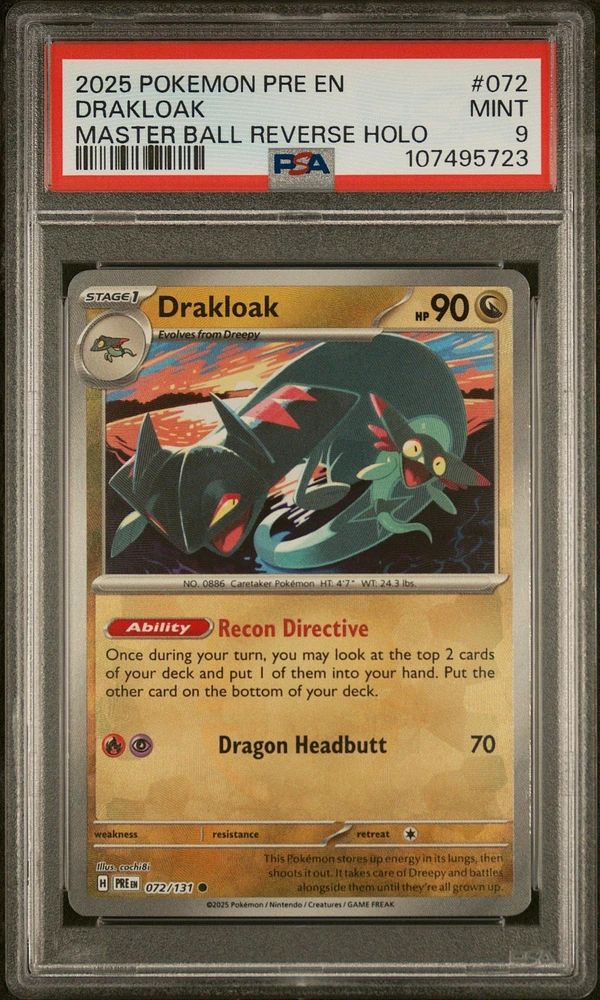 2025 Pokemon Pre En-prismatic Evolutions 072 Drakloak Master Ball Reverse Holo PSA 9