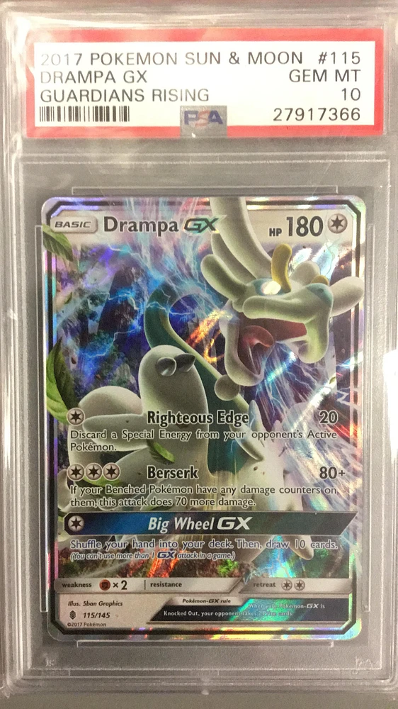 2017 Pokemon Sun & Moon Guardians Rising 115 Drampa Gx PSA 10