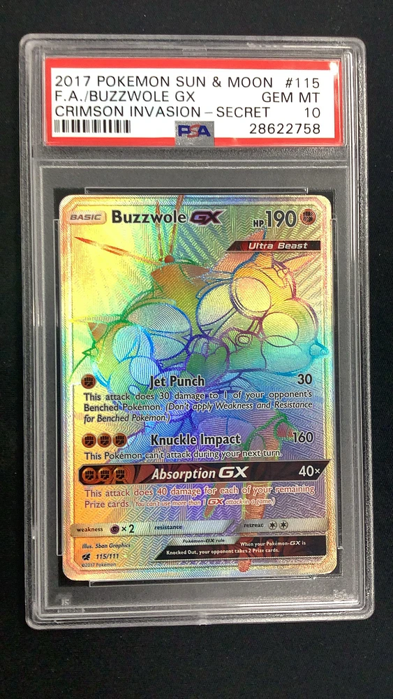 2017 Pokemon Sun & Moon Crimson Invasion 115 Full Art/buzzwole Gx Secret PSA