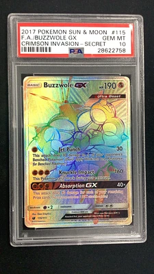 2017 Pokemon Sun & Moon Crimson Invasion 115 Full Art/buzzwole Gx Secret PSA 10