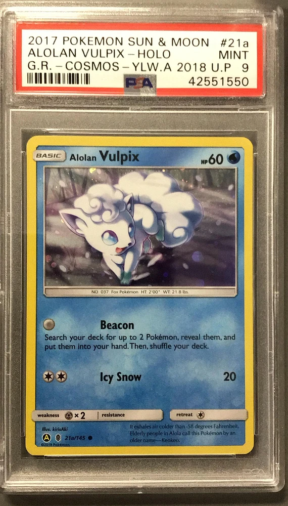 2017 Pokemon Sun & Moon Guardians Rising 21a Alolan Vulpix-holo Cosmos-yellow A 2018 Ultra Prism PSA 9