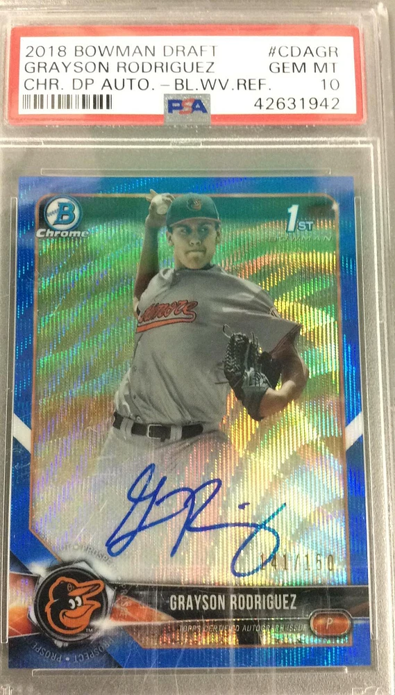 2018 Bowman Draft Chrome Draft Picks Autographs Cdagr Grayson Rodriguez Blue Wave Refractor PSA 10