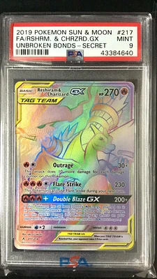 2019 Pokemon Sun & Moon Unbroken Bonds 217 Full Art/reshiram & Charizard Gx Secret PSA